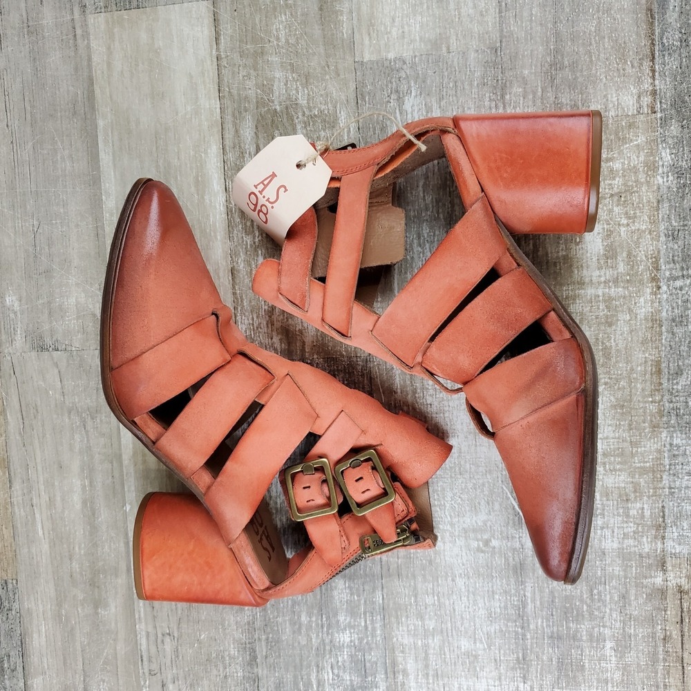 AS98 Evie Booties Orange Suede Strappy Cut Out Block Heel Sz 6.5 - 7 EU 37 NWOB